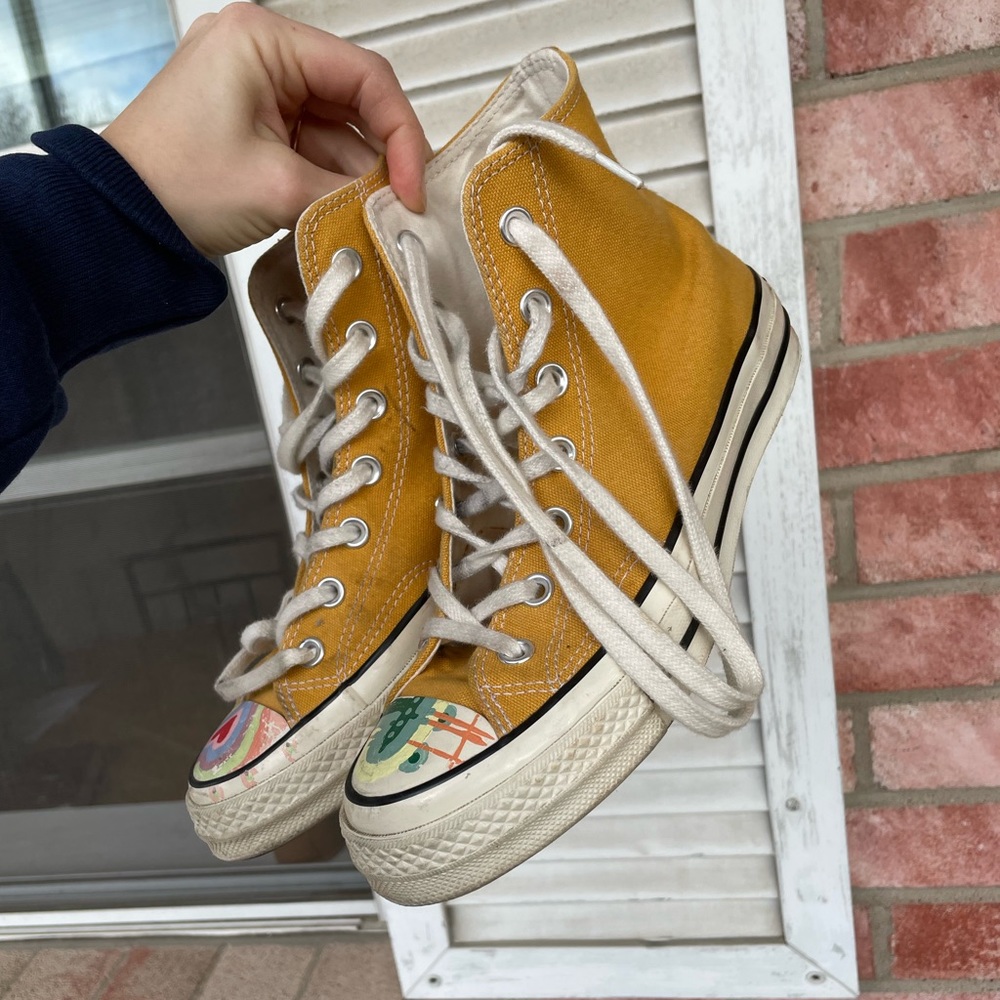 70s style burnt yellow high top Converse